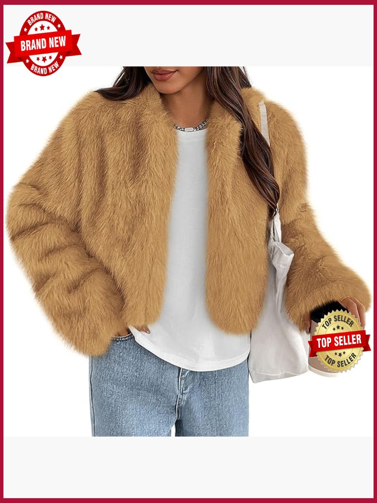 Fluffy Cropped Faux Fur Jacket Long Sleeve Open Front Trendy Winter Coat